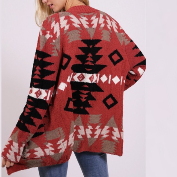 Boho Aztec Tribal Print Cardigan Color Berry - Picture 2 of 7